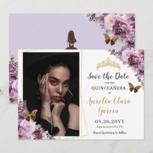 Chic Mauve Plum Lila Blommigt Quinceañera Photo Spara Datumet