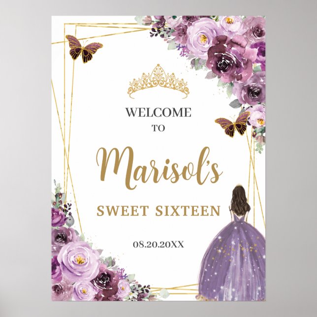 Chic Mauve Plum Lila Blommigt Tiara Sweet sixteen Poster (Framsidan)