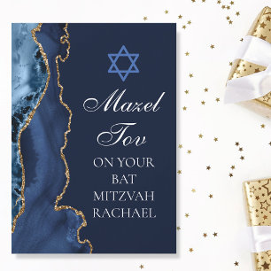 Chic Mazel Tov Marinblå Guld Anpassad Bat Mitzvah Kort