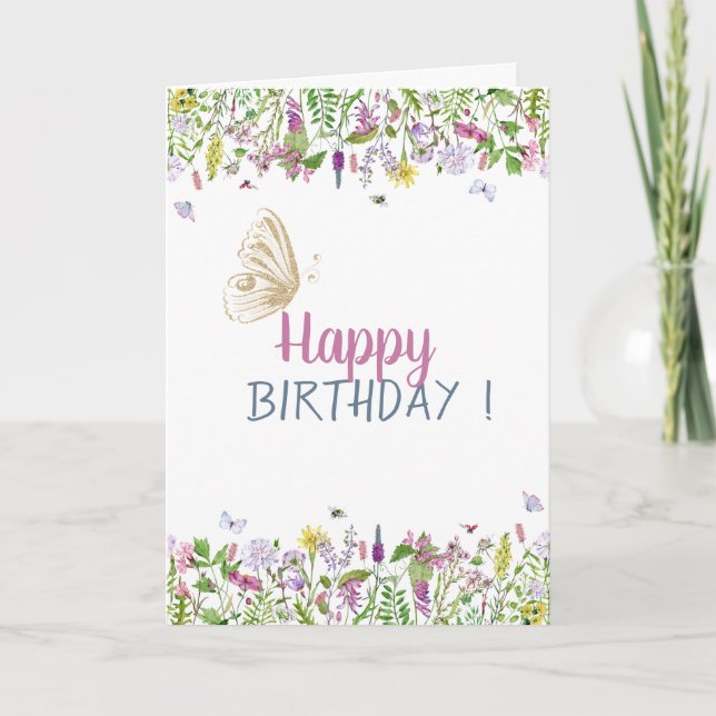 Chic Meadow Guld Glitter Butterflly Birthday Card Kort (Framsida)