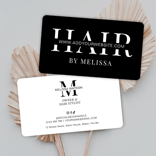 Chic med minimalistisk Elegant Enkel svartvit slit Visitkort (Minimalist hair stylist business cards in modern black & white design)