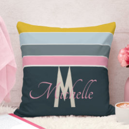 Chic med monogrammerad Rosa och marinblått Rand Kudde