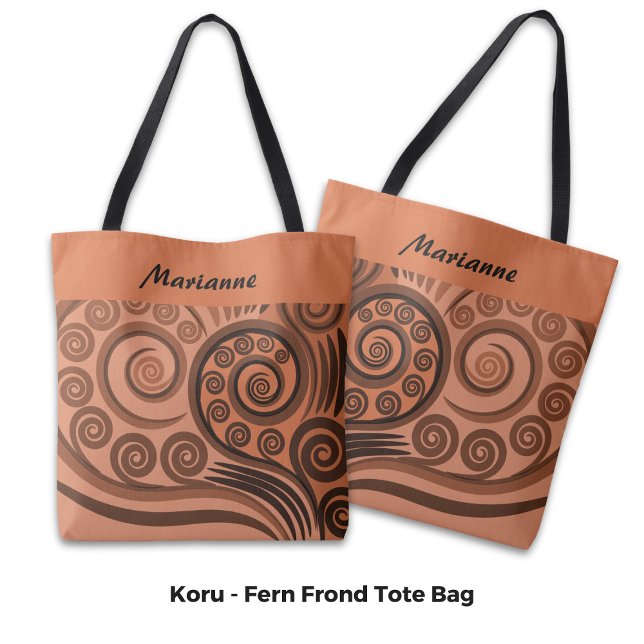 Chic med namnet Orange-Brown Fern Koru Curls Tygkasse (Chic Named Orange-Brown Fern Koru Curls Tote Bag)