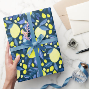 Chic Medelhavet Rustika Citroner Blått Blad Presentpapper