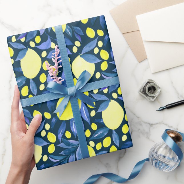Chic Medelhavet Rustika Citroner Blått Blad Presentpapper (Gifting)