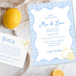 Chic Mediterranean Lemon Blue Tile Italia Bröllop Inbjudningar