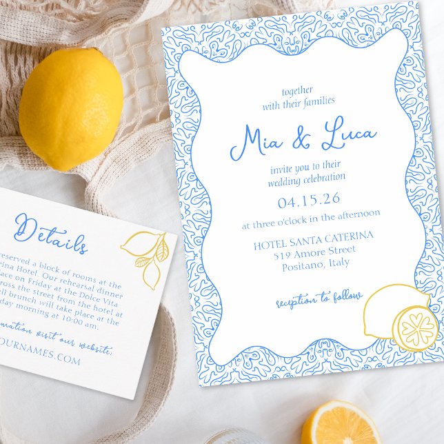 Chic Mediterranean Lemon Blue Tile Italia Bröllop Inbjudningar (Luxe Italian wedding invitation featuring a lemon detail, perfect for a Mediterranean celebration.)