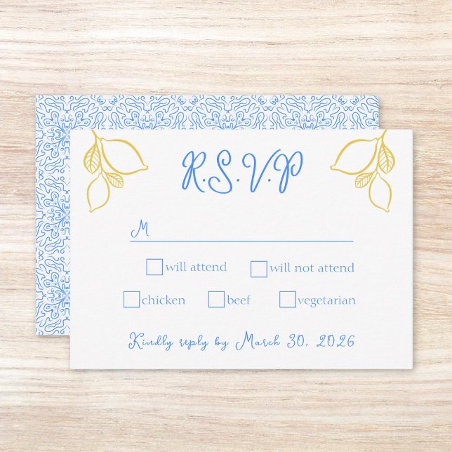 Chic Mediterranean Lemon Blue Tile Italia Bröllop OSA Kort (Customize this chic lemon-themed RSVP card to match your Mediterranean-inspired wedding invitations.)