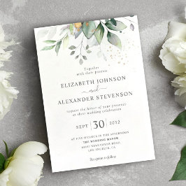 Chic Mejerigrey eucalyptus löv guld bröllop Inbjudningar