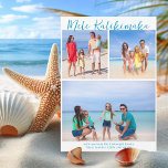 Chic Mele Kalikimaka Family Photo Collage Coastal Julkort<br><div class="desc">Chicens anpassade-strandfamilj,  fotokollage julkort med dina favorittropiska foton i sol. Lägg till 3 av dina favoritminnen från din ö-semester till kusten på framsidan och ett på baksidan. Ett vackert kustkort med ett rent,  modernt fotografformat och ett söt blått helgdag.</div>
