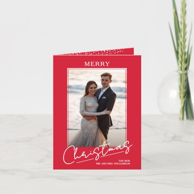 Chic Merry Christmas Script on Red Folded Photo Helgkort (Framsida)