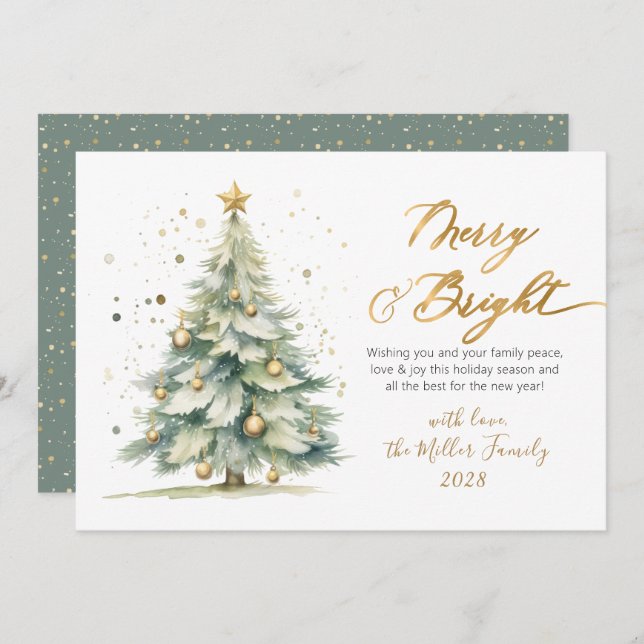 Chic Merry och Bright Guld Script Julgran Julkort (Fram/baksida)