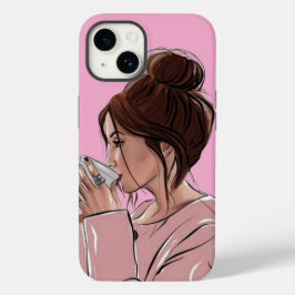 Chic Messy Bun Tjej Dricker Kaffe Pastell Rosa