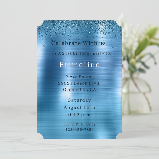 Chic Metallic Aqua Blue Glitter Inbjudningar (Stående Fram)