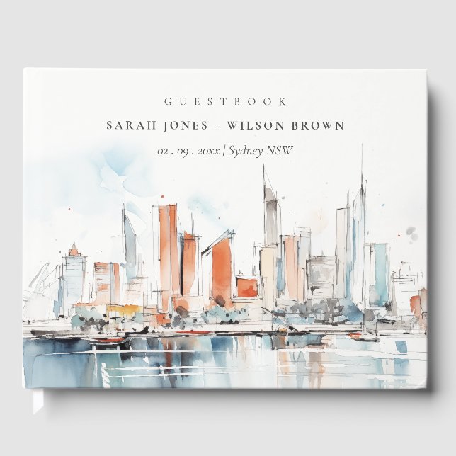 Chic Miami Florida Skyline Watercolor Bröllop Gästböcker (Framsida)