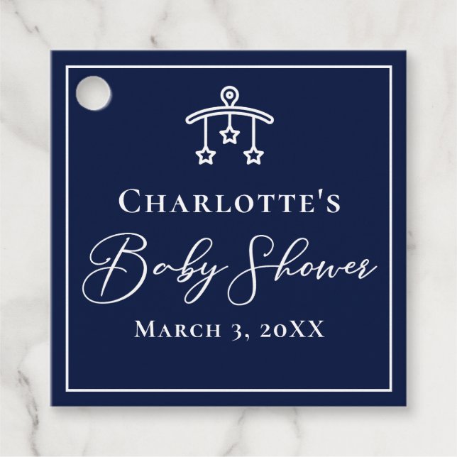 Chic Midnight Blue Stars Mobile Baby Shower Gåvor Etiketter (Framsida)