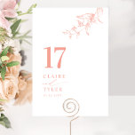 Chic, minimal botanisk  Rosa Peach Bröllop Bordsnummer<br><div class="desc">Följ gästerna till bord med det här elegant bröllop-bordsnumret-kortet. Snyggt och enkel design med namn på sidan tillsammans med "och" i modern handskriven kalligrafi. Fintvätt av handdragna botaniska gröna hörndetaljer i rosa och persikonyanser. Var vänlig och beställ varje bordsnummer (dvs. för ett evenemang med tre bord skulle du behöva ställe...</div>