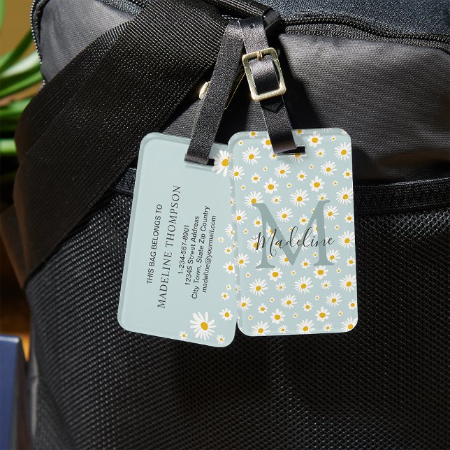 Chic Minimal Daisy Teal Script Monogram Bagagebricka (Skapare uppladdad)