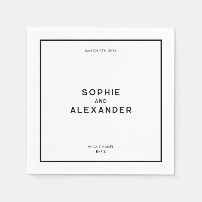 Chic - minimal Fransk, svart och vit Bröllop Pappersservett (Framsidan)
