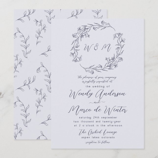 Chic Minimal kromatisk Grått Boho Botanical Bröllo Inbjudningar (Fram/baksida)