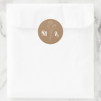 Chic Minimal Light Brown Blommigt Initialer Runt Klistermärke