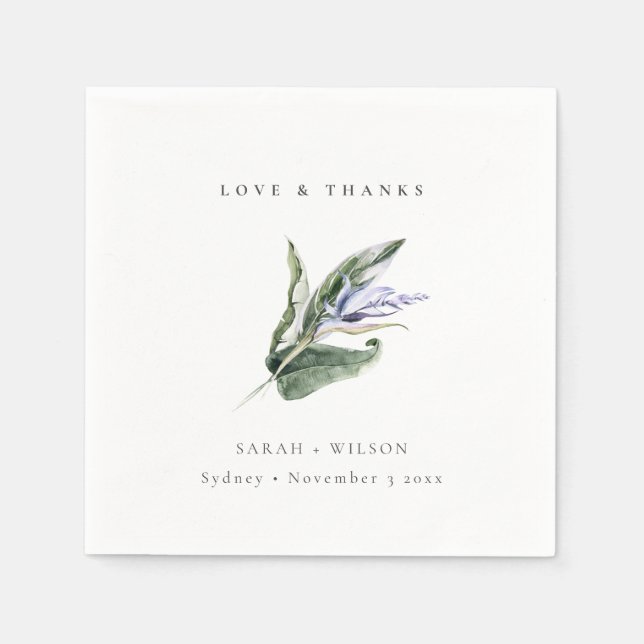 Chic Minimal Tropical Blue Leafy Blommigt Bröllop Pappersservett (Framsidan)