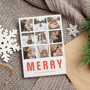 Chic Minimalist Red Orange Merry Photo Collage Julkort
