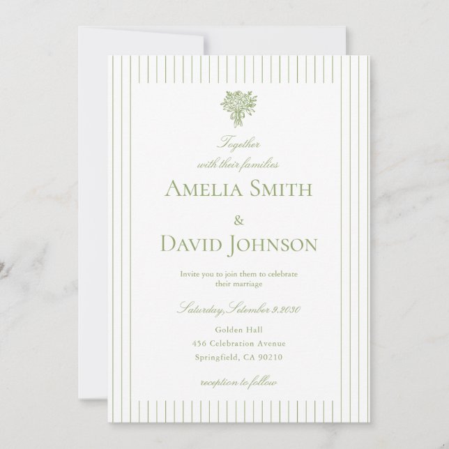 Chic Minimalist Stripe Green Wedding Invitation  Inbjudningar (Framsida)