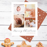 Chic minimalistisk 4 Photo Collage God jul Julkort<br><div class="desc">säsongens glädje med det här 4-foto-julkortet. Chic,  handskriven "God jul",  ger grund medan ett lekfullt fotokollage arrangemangt fångar dina omhuldade minnen. På baksidan finns brunt färg i brunt bröd med handdragna vita prickar som representerar snö. Anpassa den med knappen "Anpassa".</div>