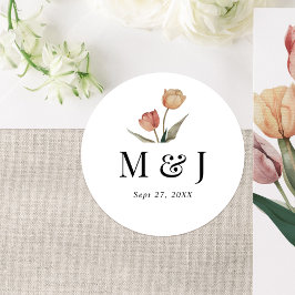 Chic Minimalistisk tulips Watercolor Monogram Bröl Runt Klistermärke