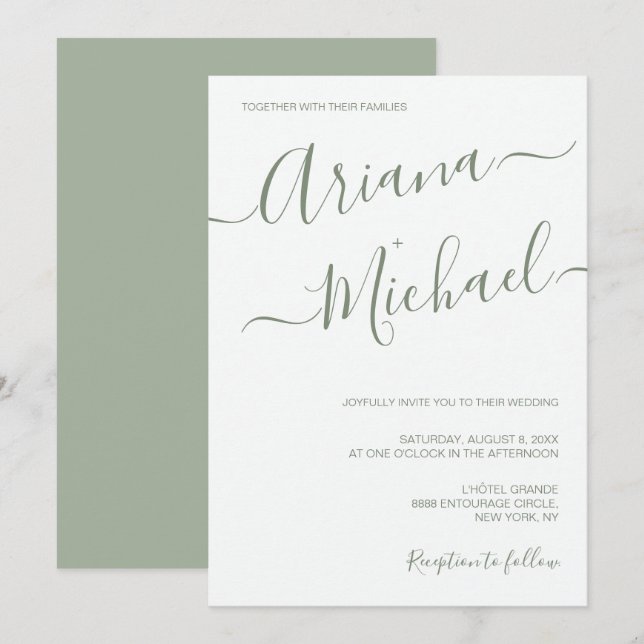 Chic Minimalistisk typografi Sage grönt Bröllop Inbjudningar (Fram/baksida)