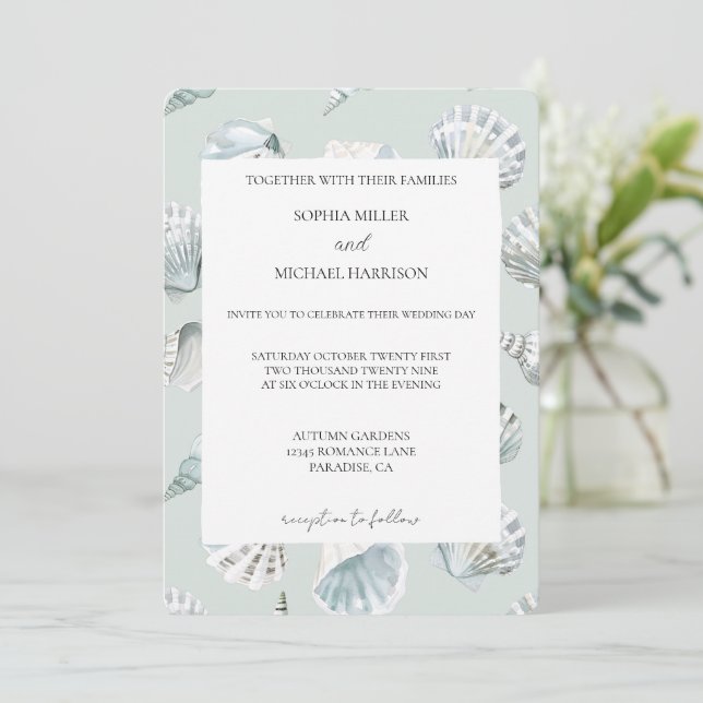 Chic Mint Blue Beach Shells Wedding Inbjudningar (Stående Fram)