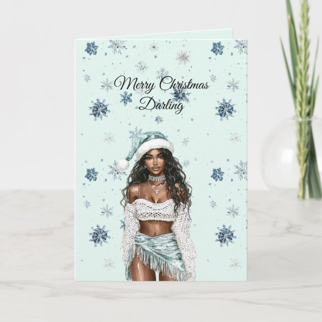 Chic Mint Blue Snowflakes Black Hair Female Kort (Framsida)