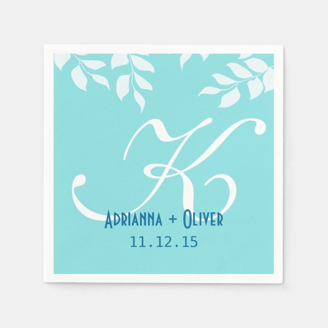Chic Mint Blue White Löv Bröllop Monogram Pappersservett (Framsidan)