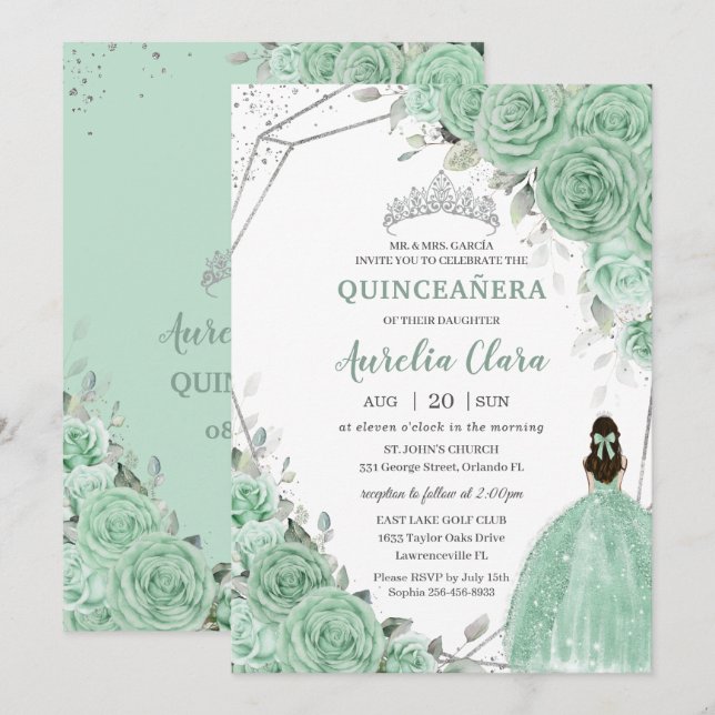 Chic Mint Green Floral Princess Silver Quinceañera Inbjudningar (Fram/baksida)