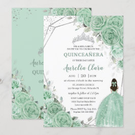 Chic Mint Green Floral Princess Silver Quinceañera Inbjudningar