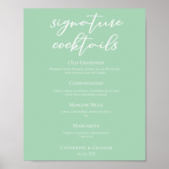 Chic Mint Grönt Bröllop Namnteckning Cocktails Men Poster (Framsidan)