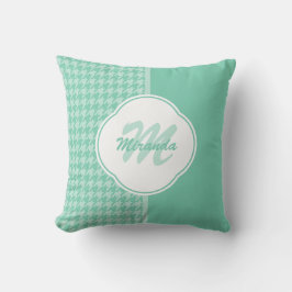 Chic Mint Grönt Houndstooth with Monogram and Namn Kudde