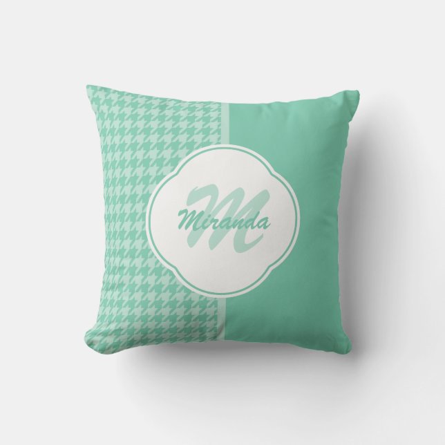 Chic Mint Grönt Houndstooth with Monogram and Namn Kudde (Framsida)