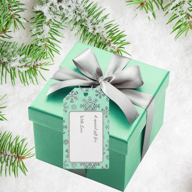 Chic Mint Grönt jul med Elegant Snöflingor Presentetikett (Skapare uppladdad)
