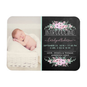 Chic Mint Grönt & Rosa Flowers Födelsemeddelande Magnet