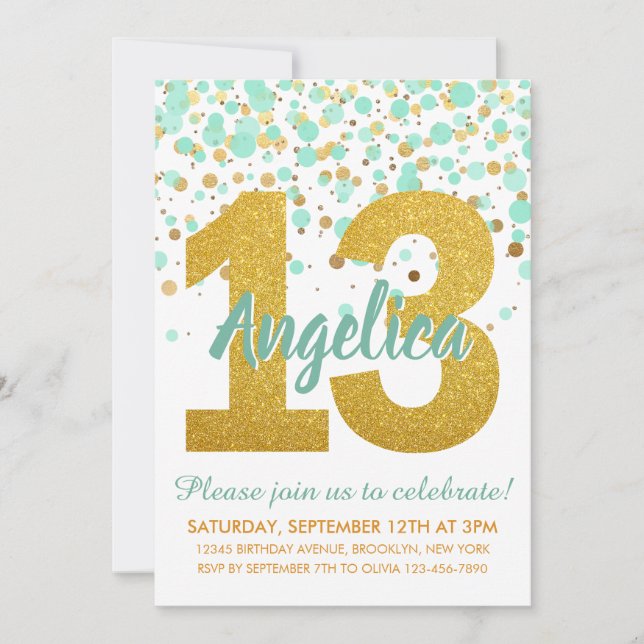 Chic Mint Guld Glitter Confetti Girl 13:e födelsed Inbjudningar (Framsida)