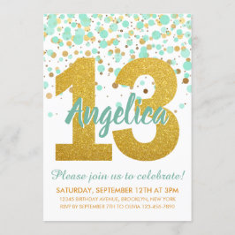 Chic Mint Guld Glitter Confetti Girl 13:e födelsed Inbjudningar