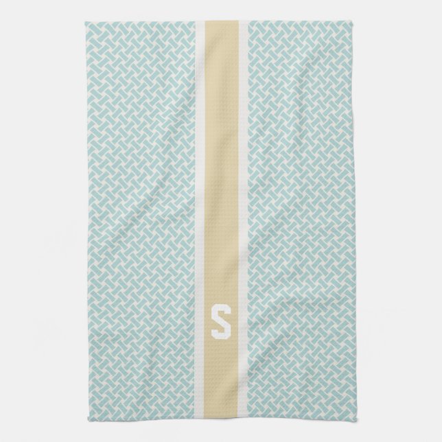 Chic mint herringbengeometrisk mönster monogram kökshandduk (Vertikal)