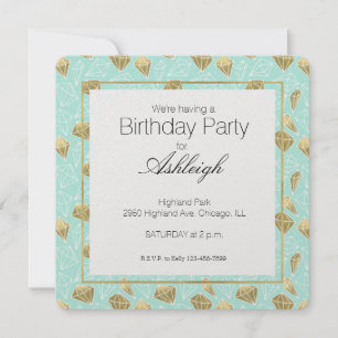 Chic Mint och Guld Diamonds Birthday Inbjudningar