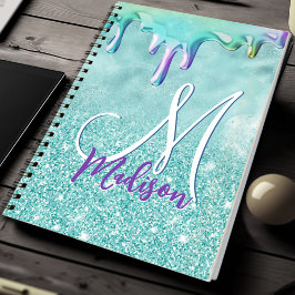 Chic mint ombre glitter unicorn dricks monogram anteckningsbok