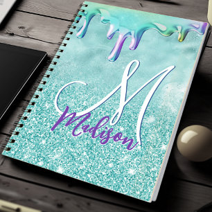 Chic mint ombre glitter unicorn dricks monogram anteckningsbok