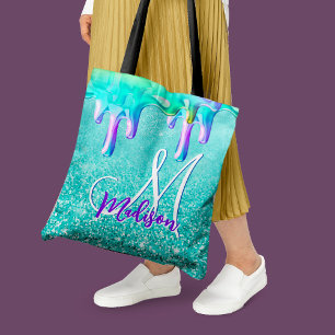 Chic mint ombre glitter unicorn dricks monogram tygkasse