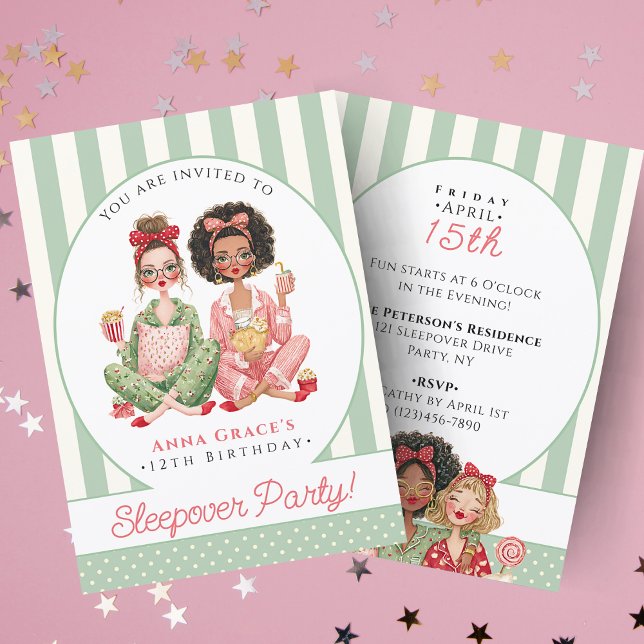 Chic Mint Stripe Girls Sleepover Birthday Inbjudningar (Chic Mint Stripe Girls Sleepover Birthday Invitation
)