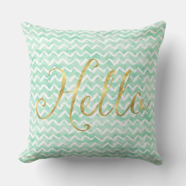 Chic Mint Watercolor Chevron Rand Guld Hej Kudde (Framsida)